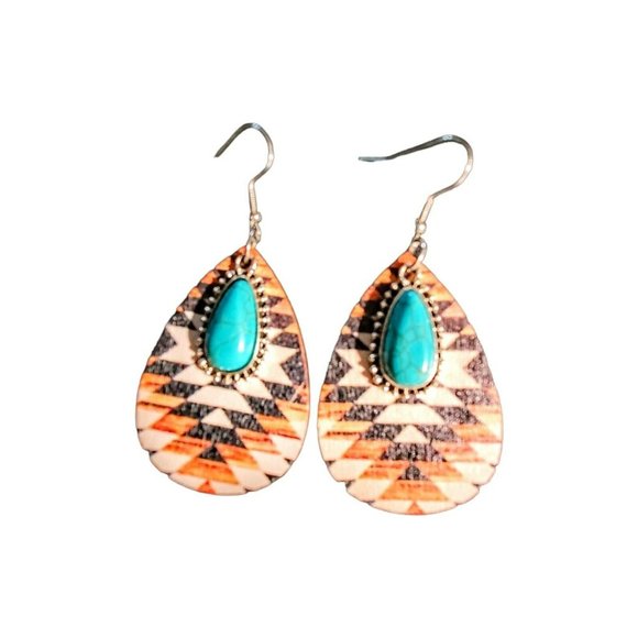 Unbranded Jewelry - Women's Native American Earrings Painted Design on Wood Silver Tone Faux Turq Te